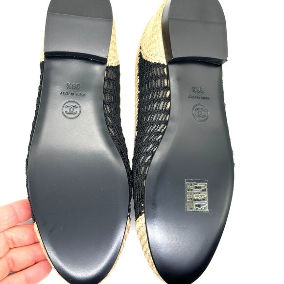 CHANEL 25P CC Raffia Crochet Woven Two Tone Cap Toe Ballerina Ballet Flat Shoes - Picture 14 of 15